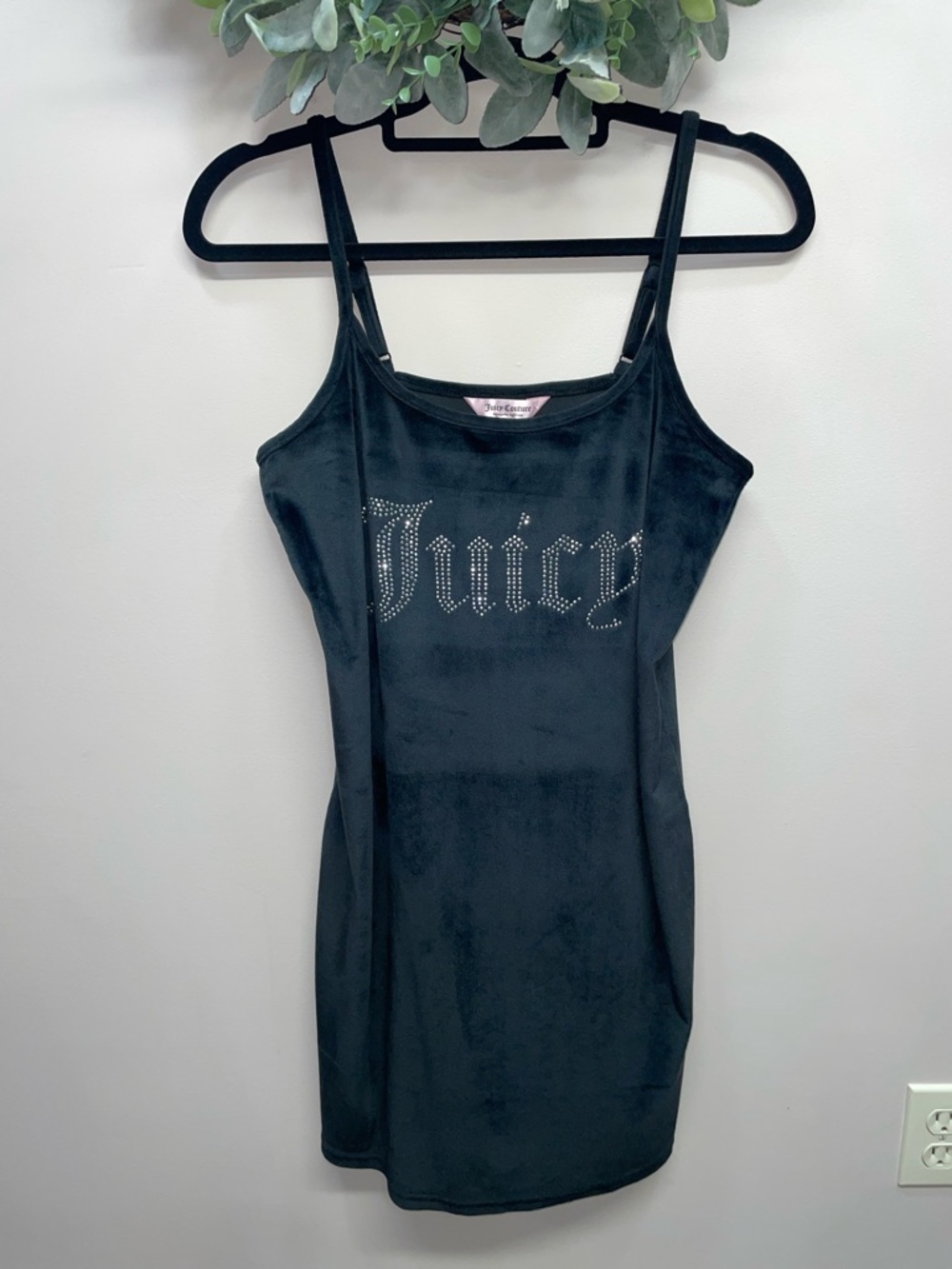 Juicy Couture Sleepwear Black Velour Bling Logo Spaghetti Strap Nightgown XL